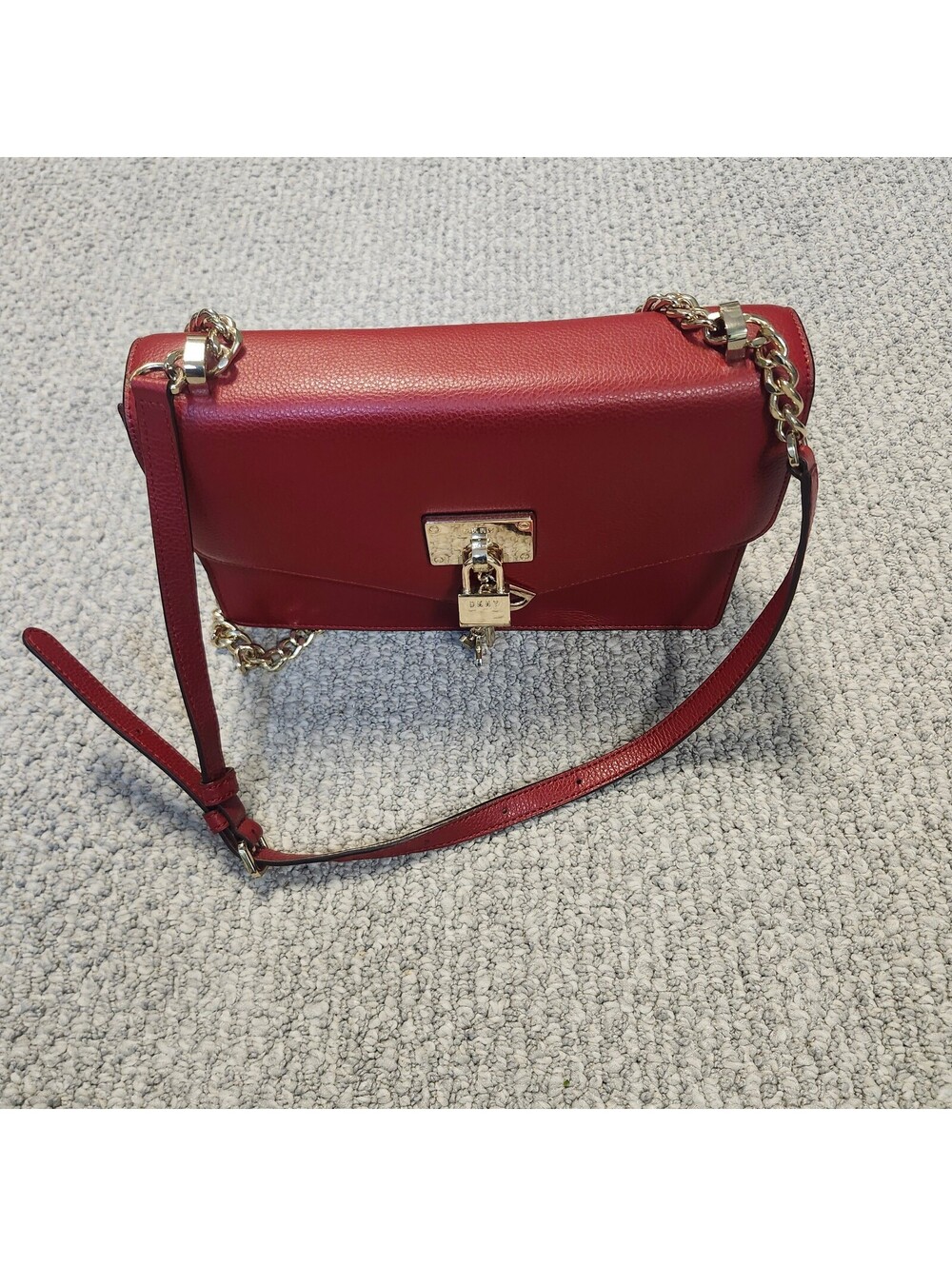 DKNY Elissa Shoulder Bag Red Leather Chain Strap Size Medium